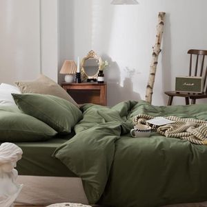 Beddengoed, 135 x 200 cm, donkergroen, groen, 4-delig, microvezel, effen, dekbedovertrek, zacht en comfortabel, beddengoedset met ritssluiting, 2 x 135 x 200 + 2 x 80 x 80 cm