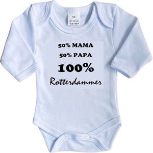 La Petite Couronne Romper Lange Mouw ""50% Mama 50% Papa 100% Rotterdammer"" Unisex Katoen Wit/zwart Maat 56