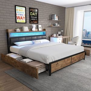 KOMHTOM Tweepersoonsbed 180x200 cm Bed met laden LED-bed bed voor tieners met 4 laden zwart