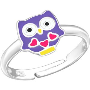 Joy|S - Zilveren uil ring - verstelbaar - paars met roze hartjes - voor kinderen