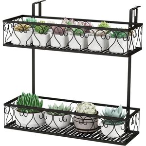 COSTWAY Bloemenrek om op te hangen, metalen bloempothouder, hangrek met verstelbare haken, potplantenhouder voor tuin, balkon, terras, reling, plantenrek, zwart