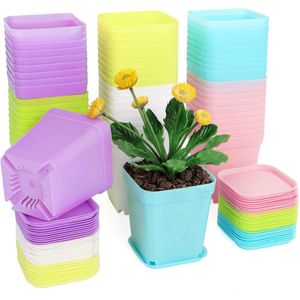 Plantenpot -plantenpotten voor binnen-kweekpot-30 stuks kleine plastic bloempotten 7 cm - vierkante plantenkweekpotten met schaal - zaailingpotten - kleurrijke plastic bloempotten voor tuin, kantoor en balkondecoratie - veelkleurig