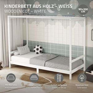 Kinderbed voetbaldoel 90x200 cm wit gemaakt van grenenhout incl. matras H-16cm houten bed met lattenbodem & doelnet ML-Design