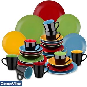 CasaVibe Luxe Serviesset – 32 delig – 8 persoons – Porselein - Bordenset – Dinner platen – Dessertborden - Kommen - Mokken - Set - Rood - Groen - Blauw - Zwart - Multi Color