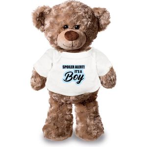 Spoiler alert Its a boy blauw pluche teddybeer knuffel 24 cm wit t-shirt - Zwangerschapsaankondiging / gender reveal - Cadeau beer