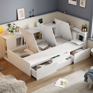 Kinderbed, 90*200cm, eenpersoonsbed, multifunctioneel kinderbed met lades, bedstee met opbergruimte, zonder matras, wit