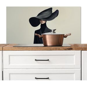 Spatscherm keuken 100x50 cm - Kookplaat achterwand Zwart - Vrouw - Hoed - Muurbeschermer - Spatwand fornuis - Hoogwaardig aluminium
