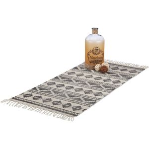 Relaxdays vloerkleed met patroon - met franjes - laagpolig kleed - geometrische vormen - Zwart, 70 x 140 cm