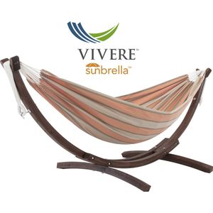 Vivere Double Sunbrella Hangmat met Massief Houten Standaard - Cameo