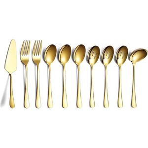 Gold 10-delig serveerservies, bestekset, serveergerei set van roestvrij staal, met gleuf serveerlepel, serveerlepel, taartserver, serveervork, soeplepel