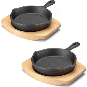 2 x gietijzeren pan, klein met houten standaard, 10,2 x 2,5 cm, serveerpan van gietijzer, mini-ovenvorm, gietijzeren braadpan, kleine pan voor de oven