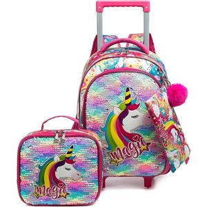 S&Dshopline® Schooltas met wieltjes, voor meisjes, basisschooltas, eenhoorn, trolleytas, rugzak met wielen, licht, schooltas, 3-delige set, reistas voor school, reizen, wandelen