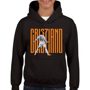 Ronaldo - Kinder Hoodie - Zwart - Maat 134/140 - Hoodie leeftijd 9 tot 10 jaar - Voetbal shirt - Cadeau - Hoodie- CR7 - voetbal - verjaardag - Unisex Kids hoodie - Oranje tekst