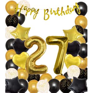 Snoes Ballonnen 27 Jaar Black Gold Dots Mega Ballon - Compleet Feestpakket Goud Zwart Stippen Cijferballon 27 - Verjaardag Versiering DIY Slinger Happy Birthday – Folieballon – Latex Ballonnen - Helium Ballonnen