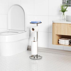 Toilethouder Vrijstaand met Bovenste Opbergplank - Zilveren Toiletrolstandaard - Vloerstaande Toiletrol Dispenser - Storage 4 Reserve Rolls
