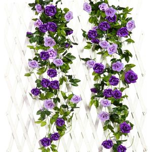 2 stuks 240 cm lange tweekleurige kunstrozenslinger-ranken, hangende zijden bloemen, kunstbloemen voor buiten- en binnen, bruiloft- en muurdecoratie (paars)