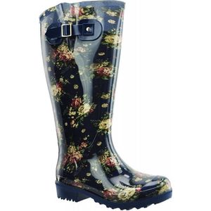 Regenlaars Blauw Flowers WIDE WELLIES Kuitomvang 45 cm XLmaat 41