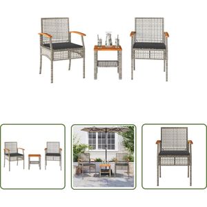 The Living Store 3-delige Bistroset met kussens poly rattan en acaciahout grijs - Bistro Set - Tuinmeubels - Buitentafels - Terrassets - Lounge Set