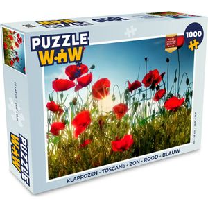 Puzzel Klaprozen - Toscane - Zon - Rood - Blauw - Legpuzzel - Puzzel 1000 stukjes volwassenen
