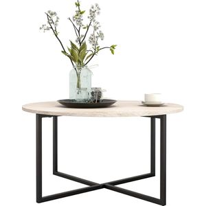 Ronde salontafel, bijzettafel, sofa tafel, salontafel, metalen onderstel en een houten tafelblad, industri�ële en Scandinavische interieurontwerp, woonkamertafel, modern, zwart.