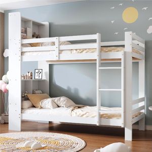 Sweiko Stapelbed met planken, Kinderbed, opberghouten bed, Massief houten bedframe, Wit, 90x200cm