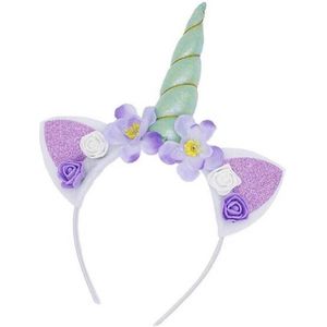 KIMU Eenhoorn Haarband Mintgroen - Unicorn Diadeem Met Oortjes En Bloemetjes - Mintgroene Hoorn Bloemen Paars Wit