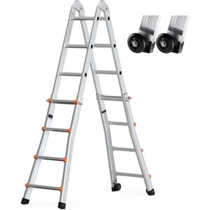 15 Ft Telescopische Ladder A-Frame, Compacte Aluminium Uitschuifladder, Multifunctionele Opvouwbare Camperladder voor Thuis, Trappen, Binnen/Buiten, 330 Lb Draagvermogen, Zilver