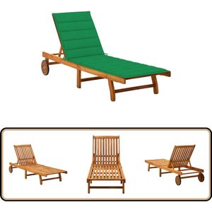 vidaXL Ligbed met kussen - Massief acaciahout - Groen Ligbed - Lounge Stoel - Tuinset - Buiten Meubilair - Acacia Hout