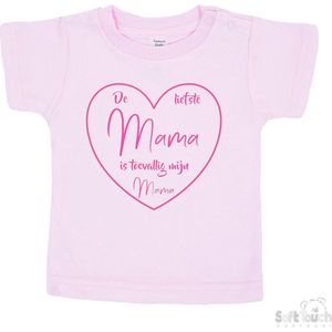 Soft Touch T-shirt Shirtje Korte mouw ""De liefste mama is toevallig mijn mama"" Unisex Katoen Roze/roze Maat 62/68
