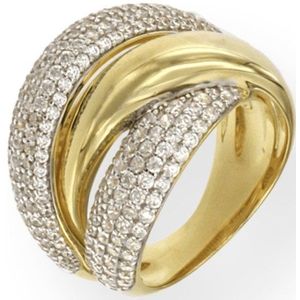 Brede ring in zilver geelgoud verguld gezet met cubic zirkonia