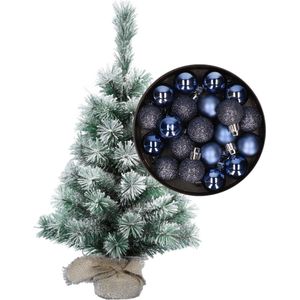 Besneeuwde mini kerstboom/kunst kerstboom 35 cm met kerstballen donkerblauw - Kerstversiering