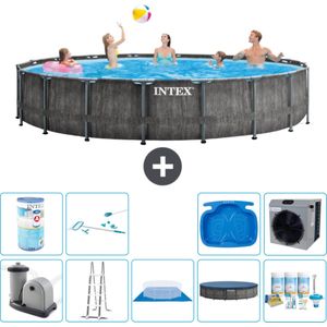 Intex Rond Prism Frame Greywood Zwembad - 549 x 122 cm - Inclusief Pomp - Ladder - Grondzeil - Afdekzeil Onderhoudspakket - Filter - Schoonmaakset - Voetenbad - Warmtepomp