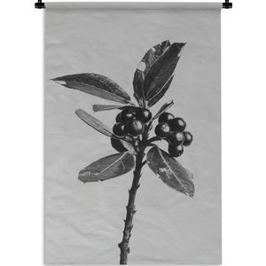 Wandkleed Abstracte Bloemen - Zwart-Wit close-up van een abstracte tak met bessen Wandkleed katoen 120x180 cm - Wandtapijt met foto XXL / Groot formaat!