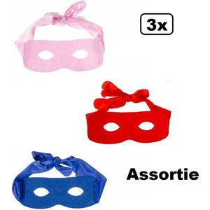 3x Oogmasker Superheld met band assortie kleur - Kids verjaardag thema feest fun bandiet boef superhero