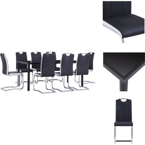 vidaXL Eetset - Tafel en 8 Stoelen - Zwart - 180 x 90 x 75 cm - Gehard glas en metaal - Kunstleer - 42 x 52 x 100 cm - Eenvoudig te monteren - Set tafel en stoelen