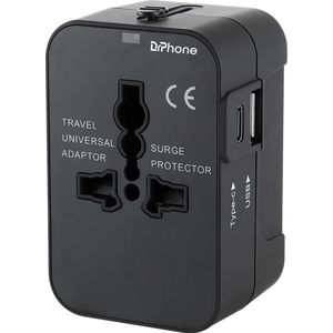 DrPhone TravelFuse – Universele Reisadapter – Met USB & USB-C Poort – Universele Plug – Internationale Plug - Zwart