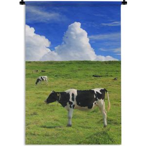Wandkleed Friese koe Luxurydeco - Zwart-witte kalven aan het grazen in de wei Wandkleed katoen 60x90 cm - Wandtapijt met foto