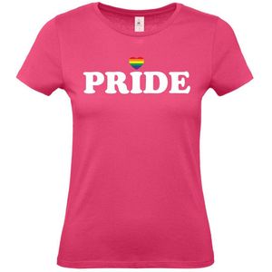 Dames T-shirt Pride met hartje | Regenboog vlag | Gay pride kleding | Pride shirt | Roze | maat L