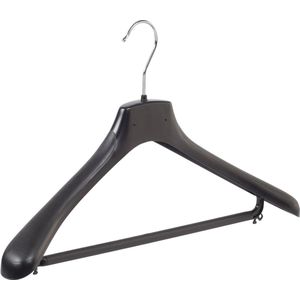 De Kledinghanger Gigant - Mantelhanger - Kostuumhanger - Jassenhanger - Volwassenen - HZ45 - 10 Stuks - Kunststof - Zwart - Gebogen Model - Schouderverbreding 4,8 cm - Broeklat - 45 cm - Kledinghanger - Kleerhanger - HZ-Serie (HZ45/B_00/10)