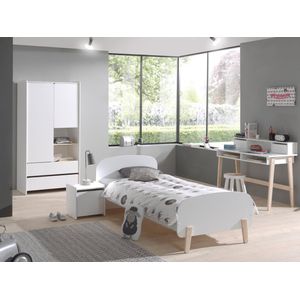 LUCEVI - Kiddy bed + 2 Deurs Kleerkast + Nachtkastje + Bureau - Wit - 90x200 cm