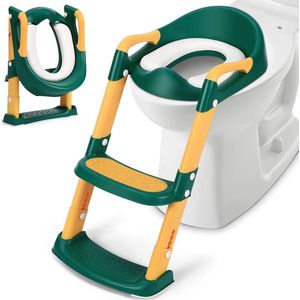 Toiletbril voor kinderen, potje, toilettrainer met trap, in hoogte verstelbaar, stabiel en antislip, opvouwbare wc-trainer met armleuningen en PU gevoerd, voor kinderen vanaf 1-10 jaar