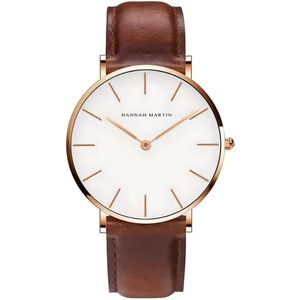 Hannah Martin Unisex Horloge | Bruin Lederen Polsband | Rose Goudkleurig Horlogekast | Wit Wijzerplaat |