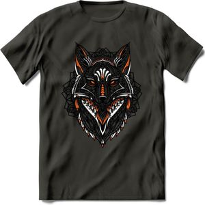 Vos - Dieren Mandala T-Shirt | Oranje | Grappig Verjaardag Zentangle Dierenkop Cadeau Shirt | Dames - Heren - Unisex | Wildlife Tshirt Kleding Kado | - Donker Grijs - XXL