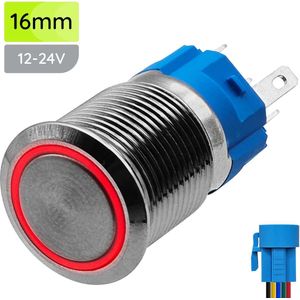 ProRide Metalen Pulsschakelaar 12V OFF-(ON) - 16mm - Momentschakelaar met Aansluitkabel - Spatwaterdicht - 12V/24V - LED Indicatie Rood