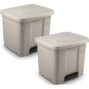 2x Stuks dubbele/2-vaks afvalemmer/vuilnisemmer/pedaalemmer 35 liter met deksel en pedaal - Taupe - vuilnisbakken/prullenbakken