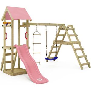 WICKEY speeltoestel klimtoestel TinyLoft met schommel & pastelroze glijbaan, outdoor klimtoren voor kinderen met zandbak, ladder & speelaccessoires voor de tuin