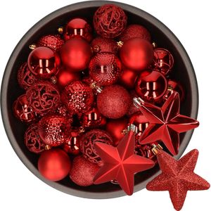 Decoris Kerstballen en sterren ornamenten - 43x stuks - kunststof - rood