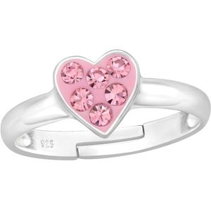 Joy|S - Zilveren hartje ring - verstelbaar- roze hartje - kristal - voor kinderen