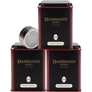 Dammann Frères - 3 x Smokey Lapsang blikje N° 496 - 100gram gerookte zwarte thee - volstaat voor 150 koppen Lapsang Souchong