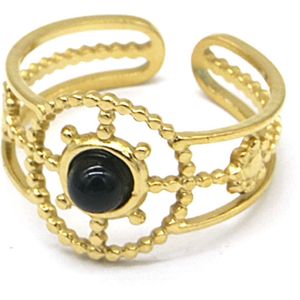 Ring met Steen - RVS - One Size - Agaat Zwart - Goudkleurig